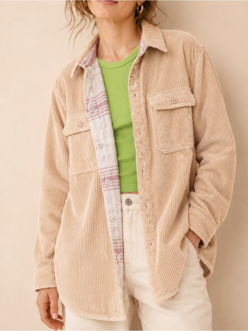 NWT Love Tree Tan Corduroy Reversible Pink Plaid Shacket Shirt Sz Large